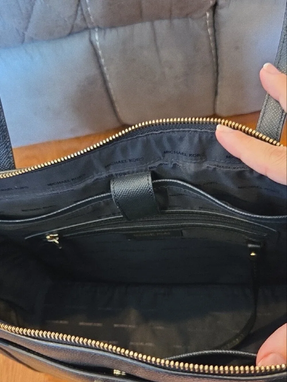 Michael Kors Black Leather Tote with Gold MK Logo - Picture 6 of 9
